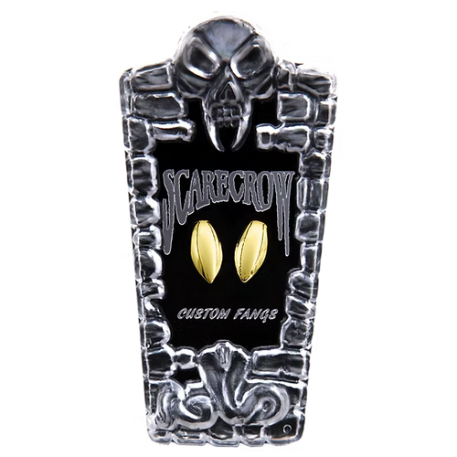 A tombstone-shaped metal display stand for custom Scarecrow themed fans, featuring a skull at the top, the word 'SCARECROW' in a stylized font, and two gold fan-shaped inserts in the center, on a plain white background.