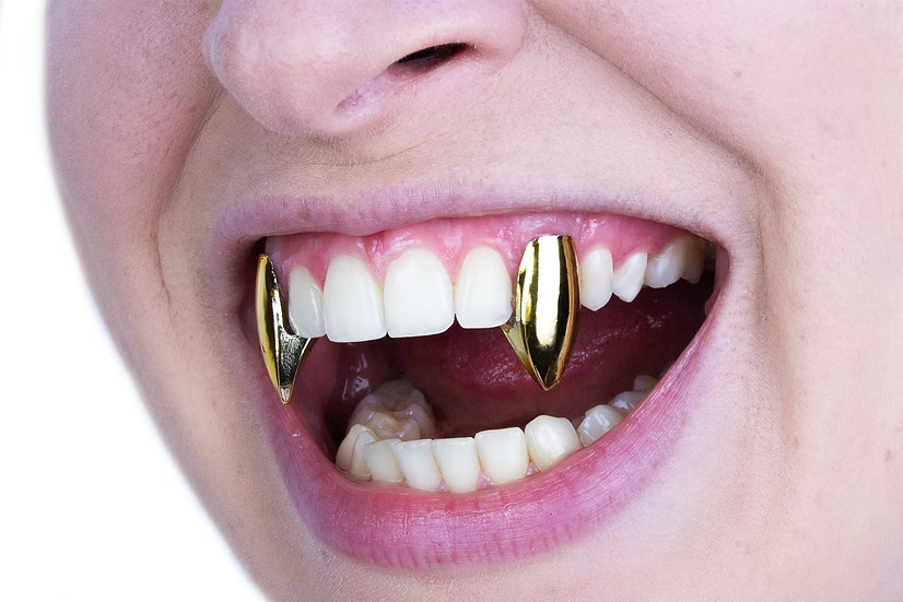 Close-up of a person's mouth wearing two gold vampire fang teeth guards over white teeth, set against a plain white background.