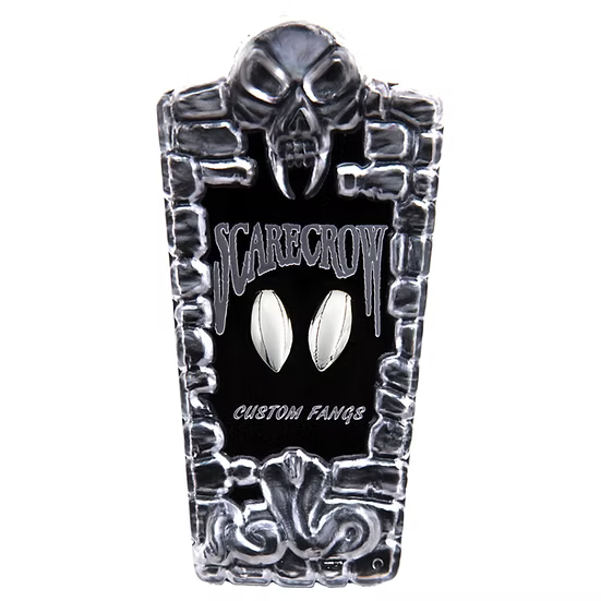 A tombstone-shaped custom fan holder with a skull at the top, featuring the 'Scarecrow' logo and 'Custom Fangs' text on a black center panel, shown against a plain white background.