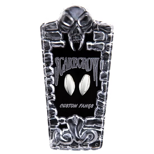 A tombstone-shaped custom fan holder with a skull at the top, featuring the 'Scarecrow' logo and 'Custom Fangs' text on a black center panel, shown against a plain white background.