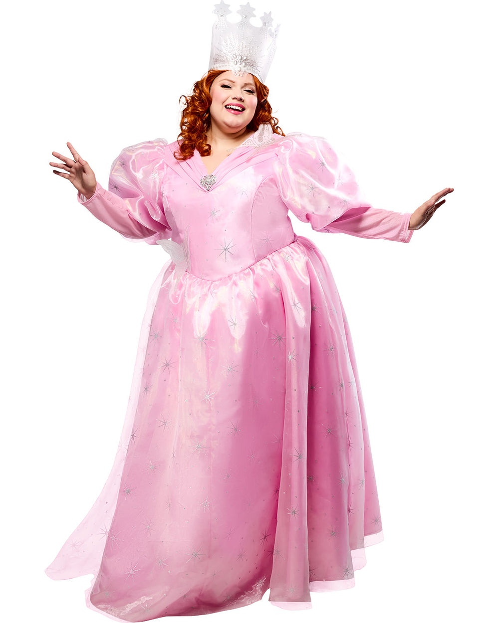 Person wearing a pink dress with a crown on a white background