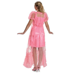 Pink dress with sheer overlay on a white background