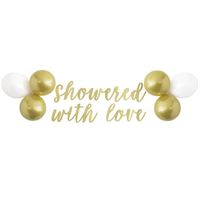 Decorative elements with gold balloons and 'showered with love' text on a white background
