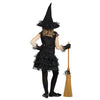 Child wearing a black witch costume with a hat and broom on a white background
