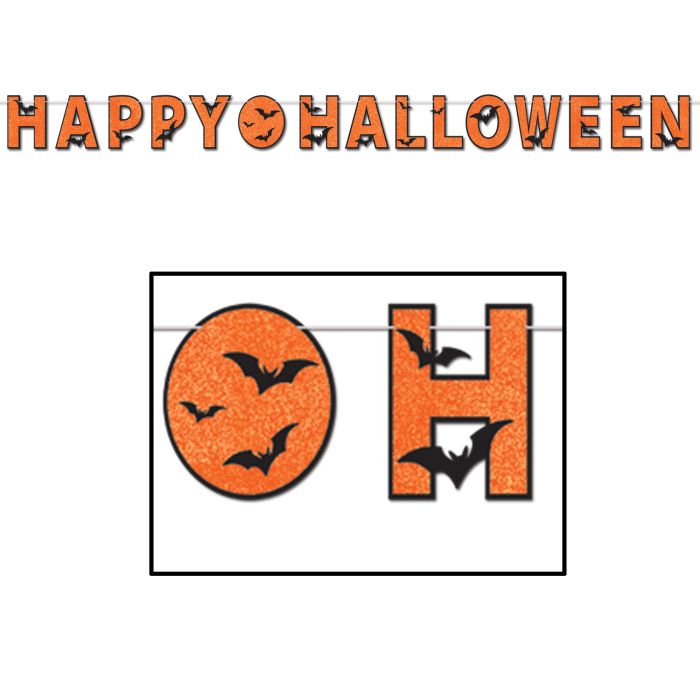 Halloween-themed decorative banner with 'Happy Halloween' text and bat designs.