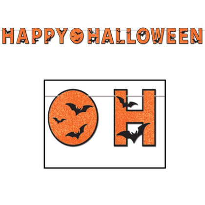 Halloween-themed decorative banner with 'Happy Halloween' text and bat designs.