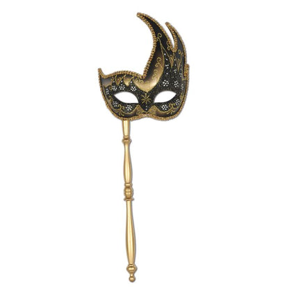 Decorative mask on a stick with black and gold design