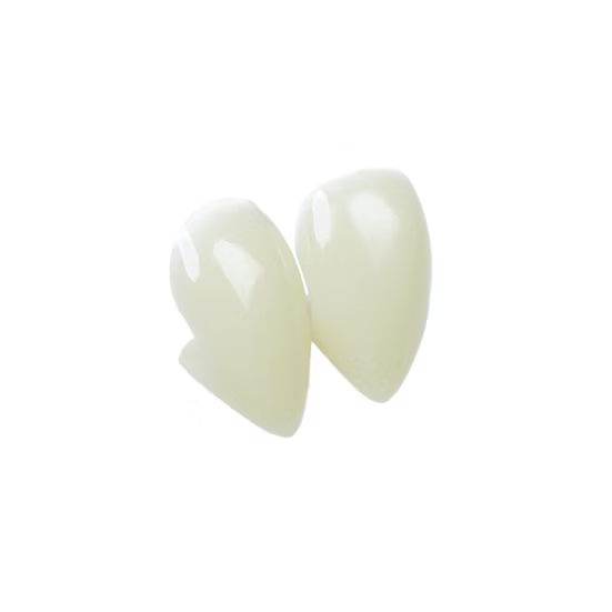 Two glossy, off-white tooth-shaped dental caps or prosthetic teeth shown on a plain white background.