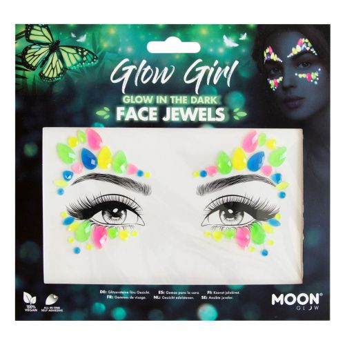 Packaging of Glow Girl glow-in-the-dark face jewels with a butterfly and model wearing the product.
