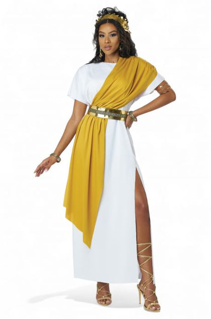 Woman wearing a white dress with a yellow sash on a white background