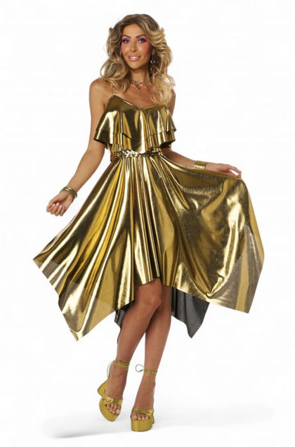 Woman wearing a gold metallic dress on a white background