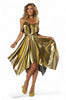 Woman wearing a gold metallic dress on a white background