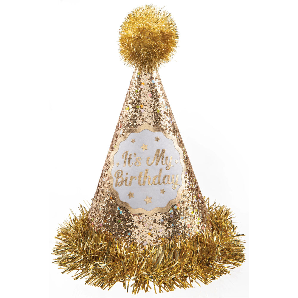Gold birthday party hat with tinsel trim and 'It's My Birthday' text on a white background