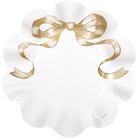 White wreath with a gold bow on a white background