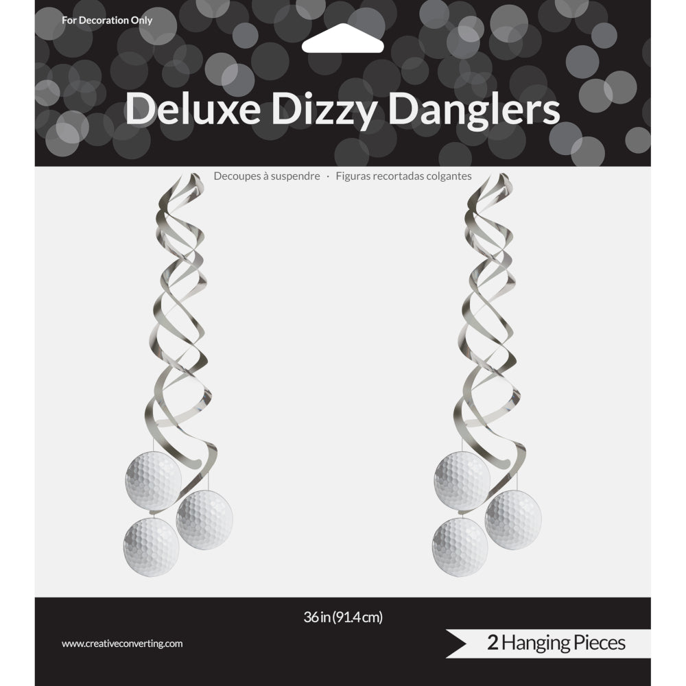 Packaging of Deluxe Dizzy Danglers with two silver spiral hanging decorations on a white background.