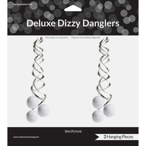 Packaging of Deluxe Dizzy Danglers with two silver spiral hanging decorations on a white background.