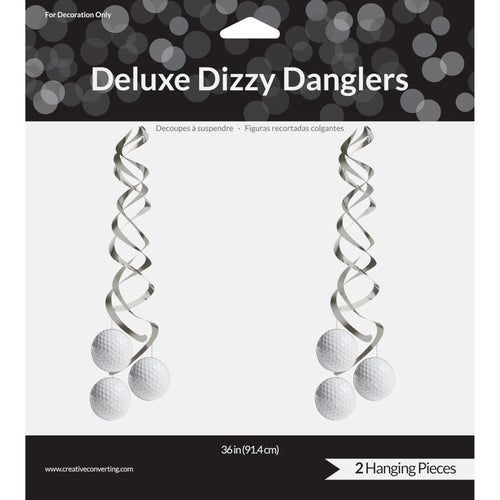 Packaging of Deluxe Dizzy Danglers with two silver spiral hanging decorations on a white background.