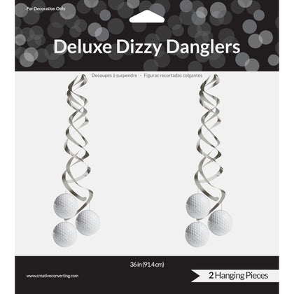 Packaging of Deluxe Dizzy Danglers with two silver spiral hanging decorations on a white background.
