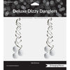Packaging of Deluxe Dizzy Danglers with two silver spiral hanging decorations on a white background.