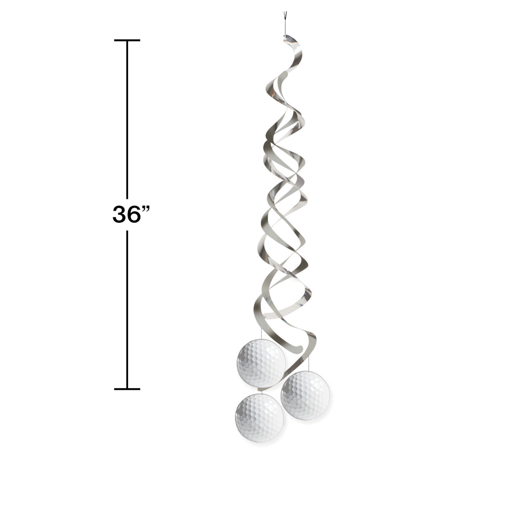 Metallic spiral hanging decoration with golf balls on a white background