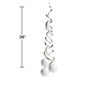 Metallic spiral hanging decoration with golf balls on a white background