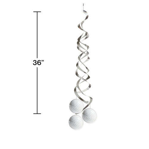Metallic spiral hanging decoration with golf balls on a white background