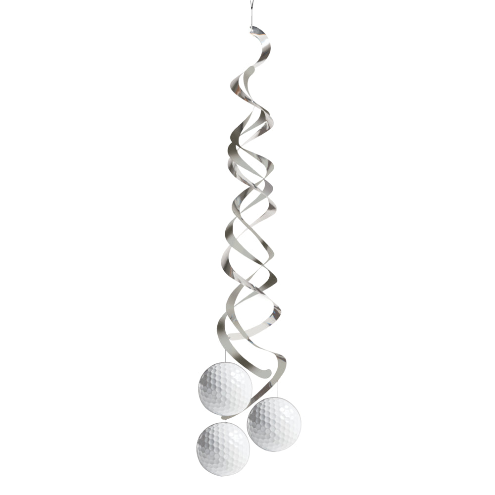Metallic spiral hanging decoration with spherical ends on a white background