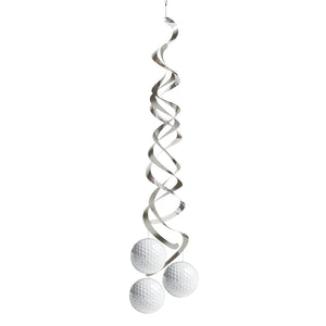 Metallic spiral hanging decoration with spherical ends on a white background