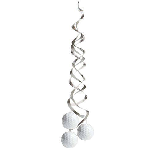Metallic spiral hanging decoration with spherical ends on a white background