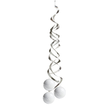 Metallic spiral hanging decoration with spherical ends on a white background