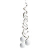 Metallic spiral hanging decoration with spherical ends on a white background