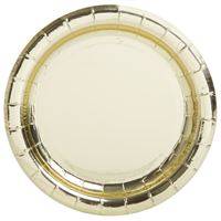 Round beige plate with gold rim on a white background