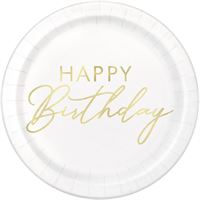 White paper plate with 'Happy Birthday' text in gold on a white background