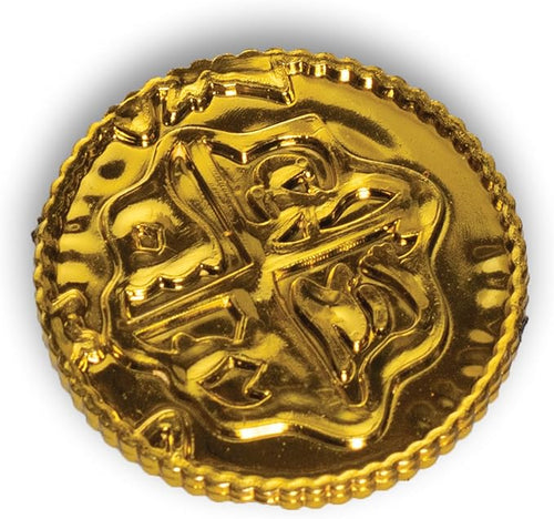 Gold coin with intricate design on a white background