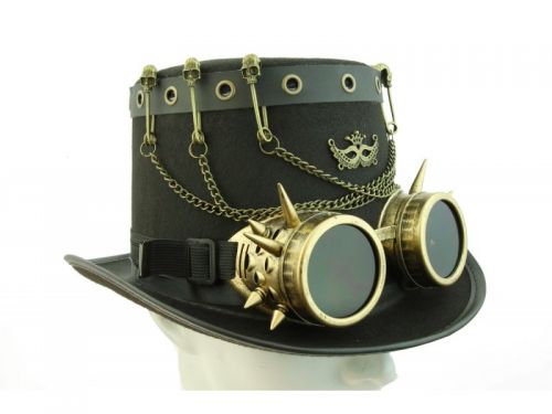 Steampunk-style hat with goggles and chains on a white background