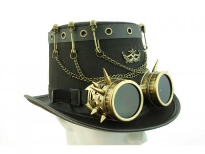 Steampunk-style hat with goggles and chains on a white background