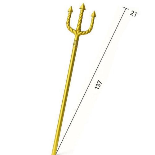 A gold trident with three twisted upward prongs on a long shaft, shown on a white background with black dimension lines and text indicating 137 cm length and 21 cm tip spacing.