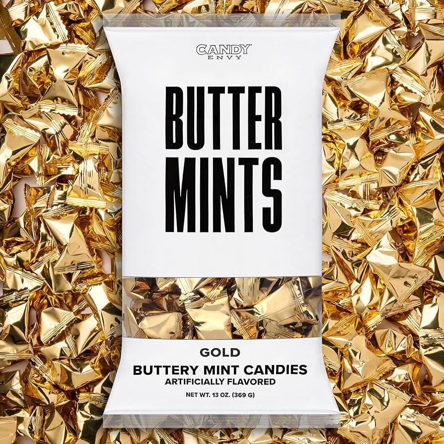 Candy Envy Butter Mints packaging on a gold foil background