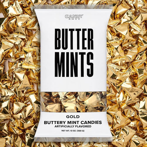 Candy Envy Butter Mints packaging on a gold foil background