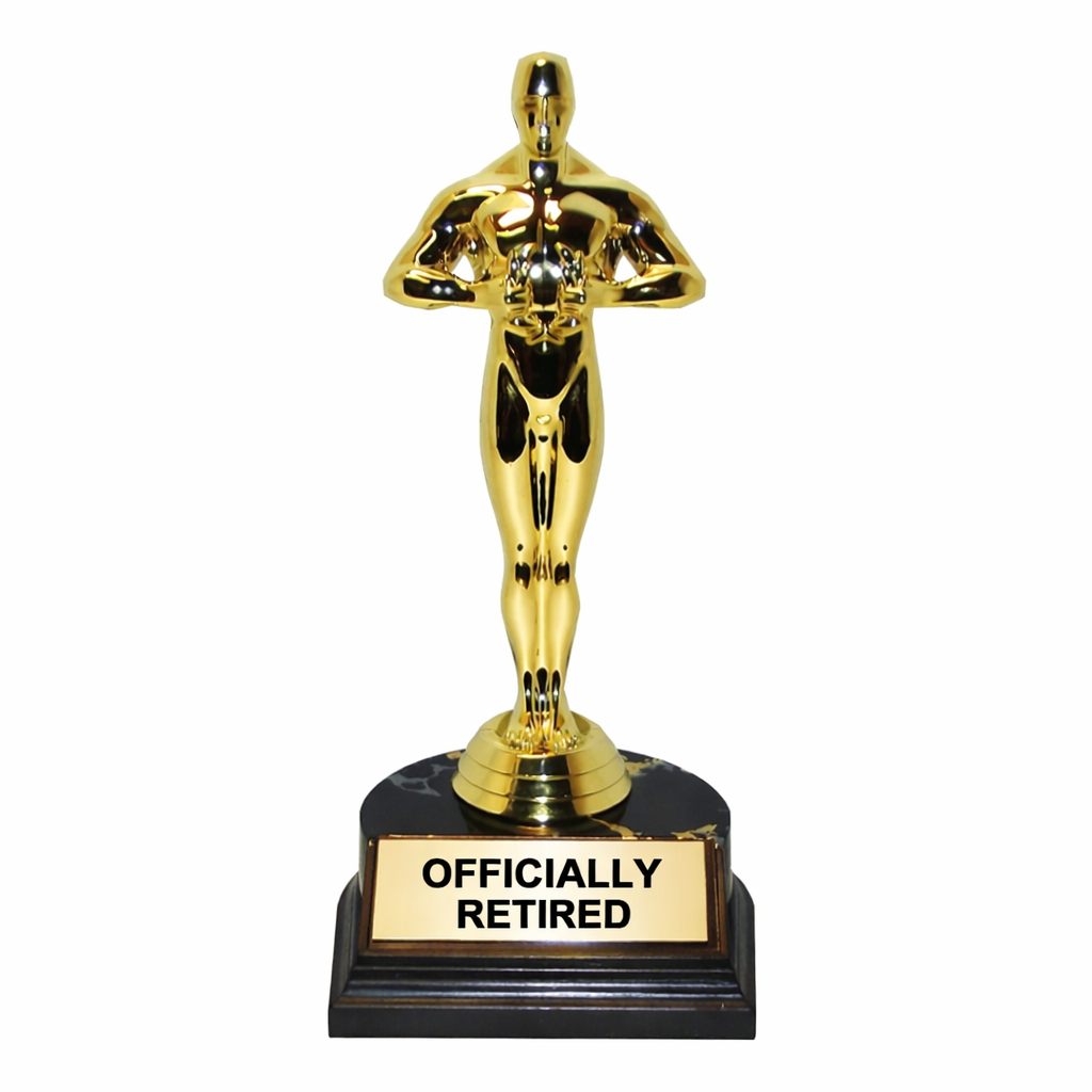 Gold trophy with a black base labeled 'Officially Retired' on a white background