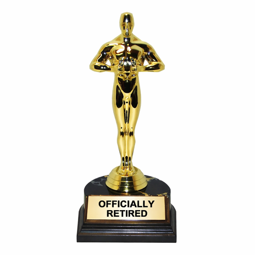 Gold trophy with a black base labeled 'Officially Retired' on a white background
