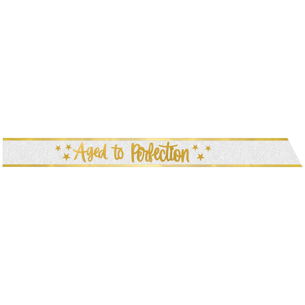 White sash with gold text 'Aged to Perfection' on a white background