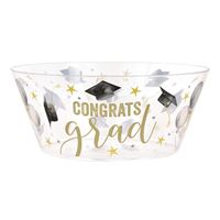 Clear plastic bowl with 'Congrats Grad' text and graduation cap designs on a white background