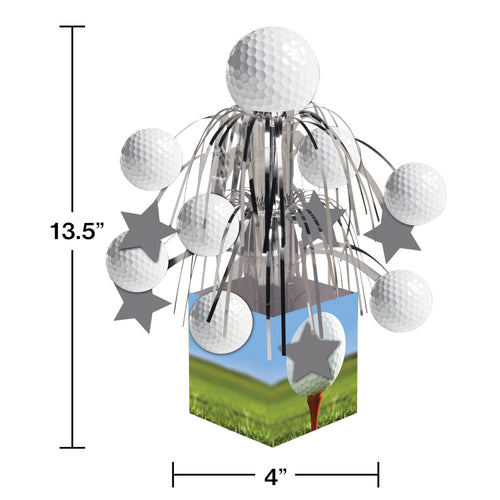 Decorative centerpiece with golf balls and stars, featuring dimensions on a white background.