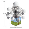 Decorative centerpiece with golf balls and stars, featuring dimensions on a white background.