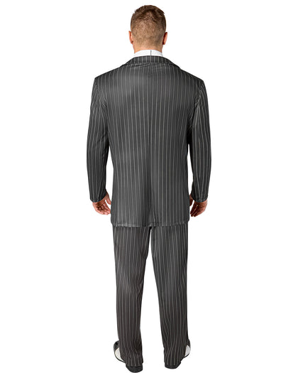 Man wearing a gray pinstripe suit on a white background