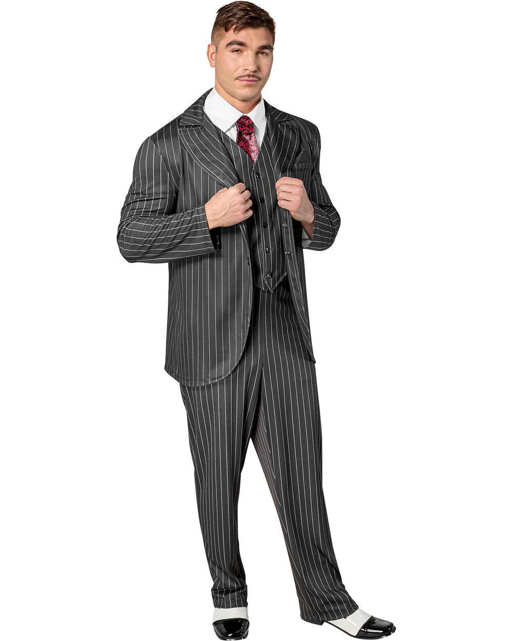 Man wearing a pinstripe suit on a white background