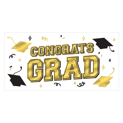 Decorative text 'Congrats Grad' with graduation caps on a white background
