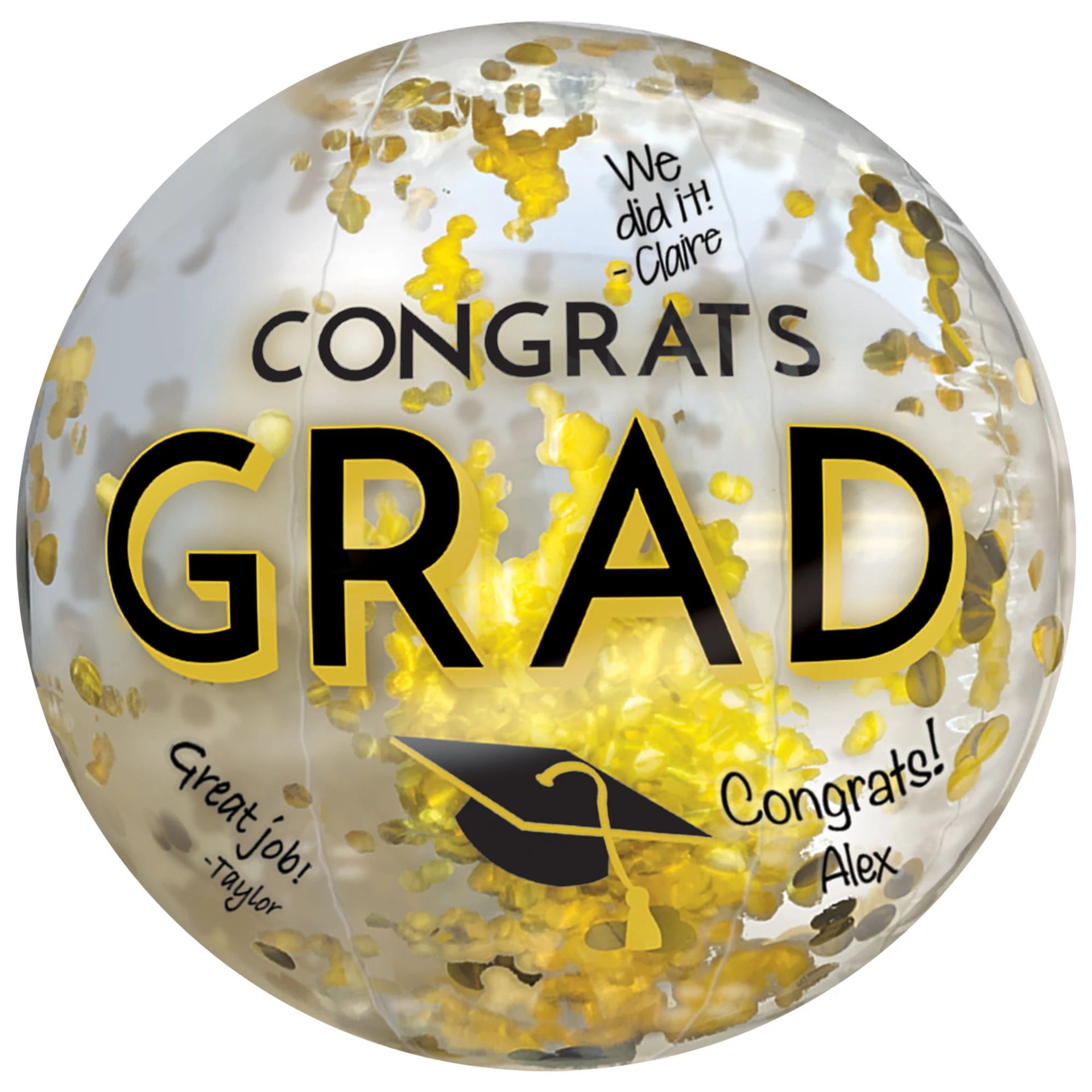Graduation-themed beach ball with confetti and personalized messages on a white background