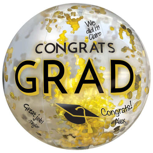 Graduation-themed beach ball with confetti and personalized messages on a white background